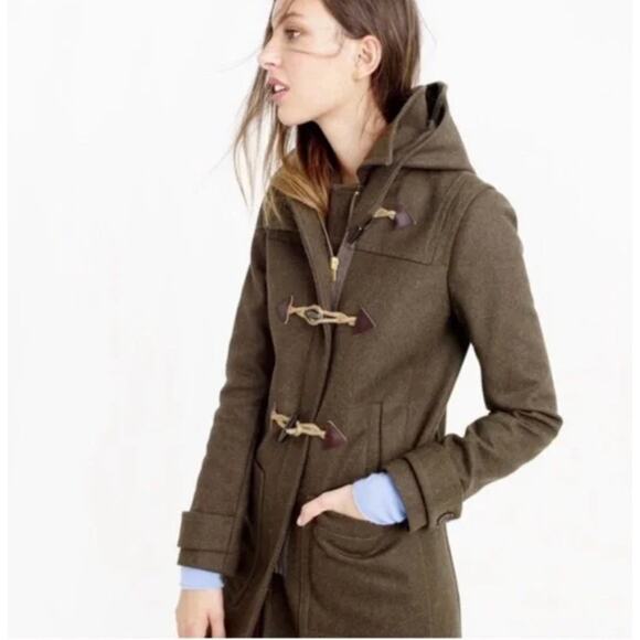 J.CREW‎ Melton Wool Designer Italy Forest Army Green Toggle Long Coat Jacket 0 - Picture 1 of 9